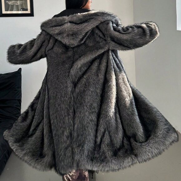 Dark Grey Fluffy Women's Plus Size Long Sleeve Hooded Furry Coat - Picture 2 of 8